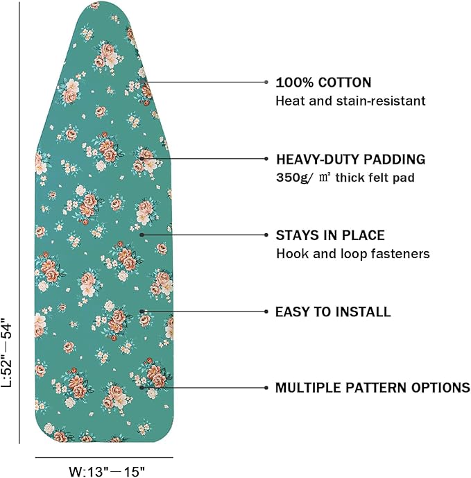 Ironing Board Cover and Pad Standard Size 15" x 54", 3 Pairs of Hook and Loop