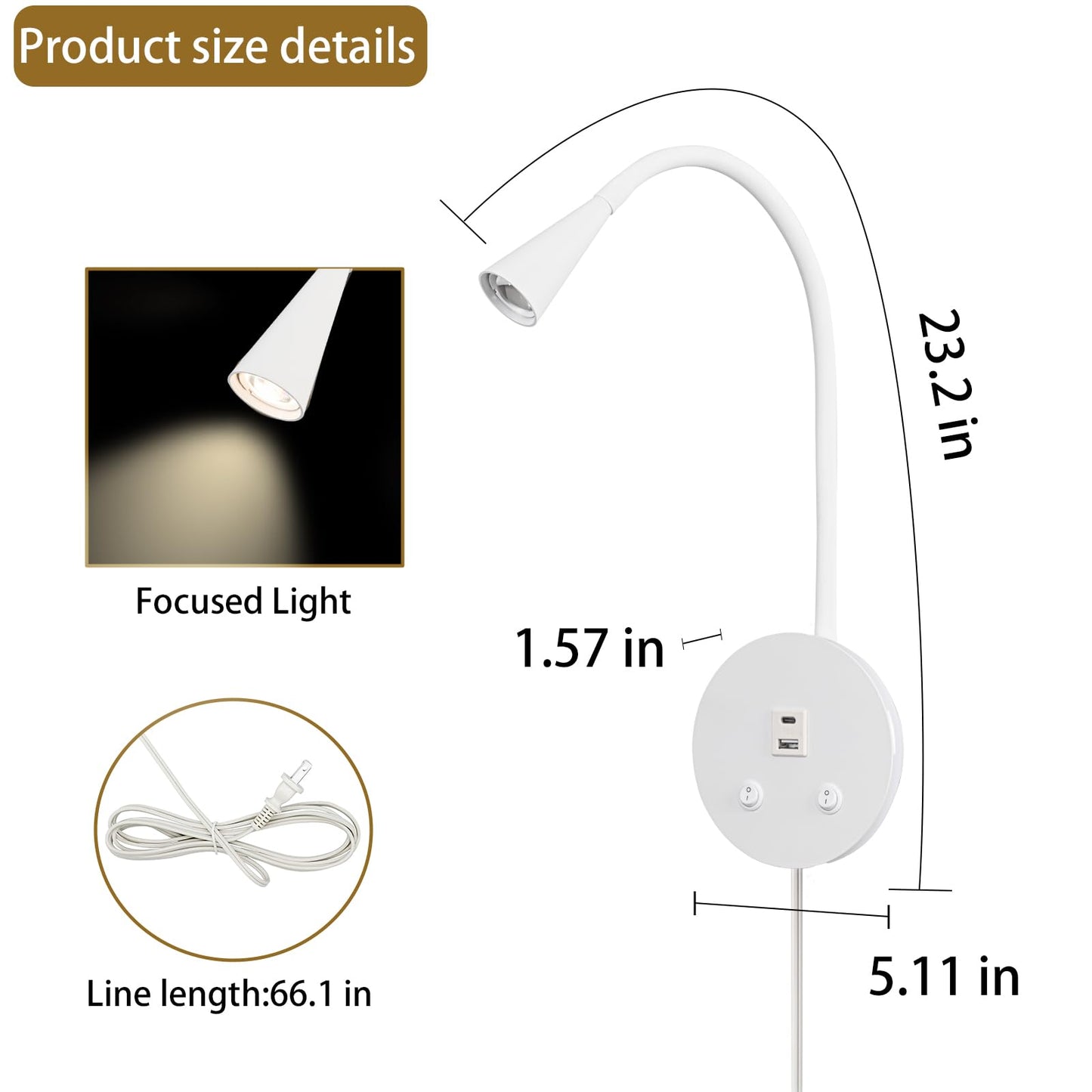 MOLUOLA LIGHTING Dimmable LED Wall Reading Lamp - Adjustable Gooseneck Book Light for Bed, USB + Type C Output, 2-in-1 Night Light & Spotlight, Compact Focused Lamp (White)