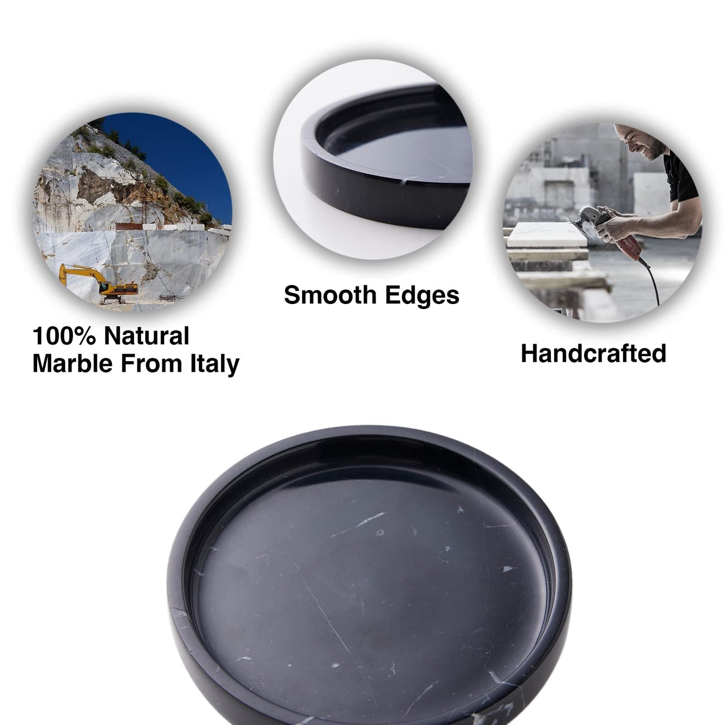 PHINILUX 100% Carved Marble Round Vanity Tray 5.5'', for Kitchen Bathroom Countertop, Nightstand Decor, Candle Holder, Jewelry Rind Dish, Trinket Plate, Table Accents, Black