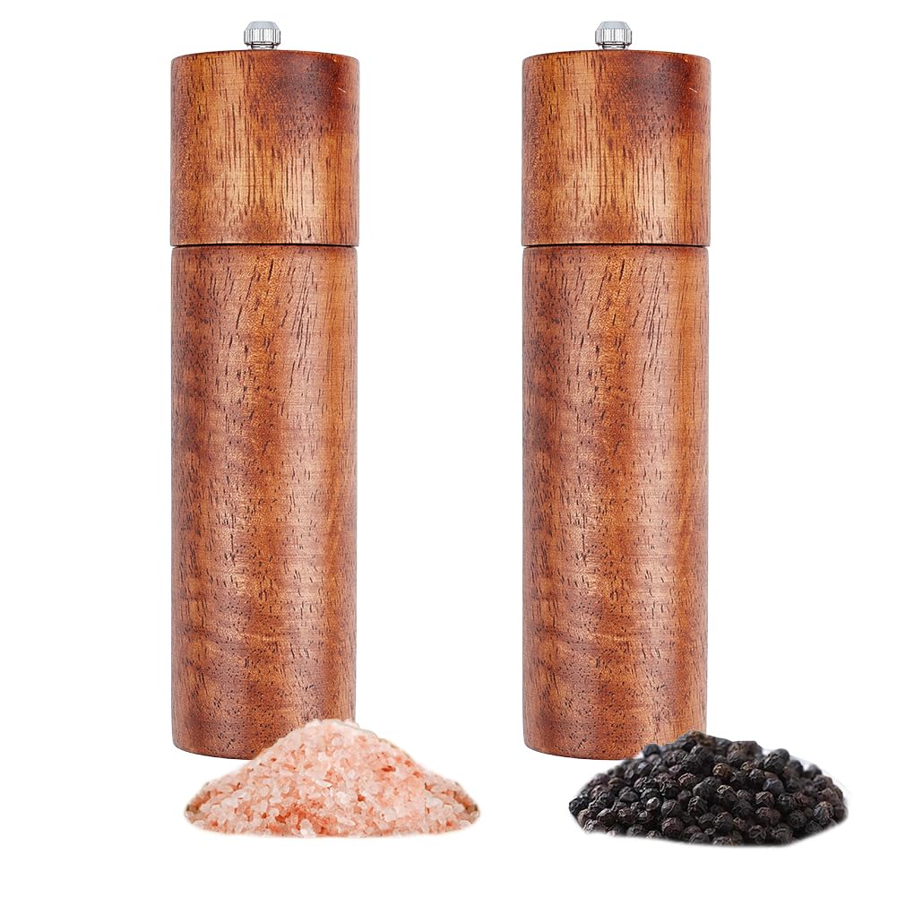 HOBBIESAY 2PCS Salt and Pepper Grinder Set Kitchen Wooden Grinder Manual Pepper Grinders Manual Salt Pepper Shakers Wooden Pepper Mill Refillable with Adjustable Ceramic Grinding Core