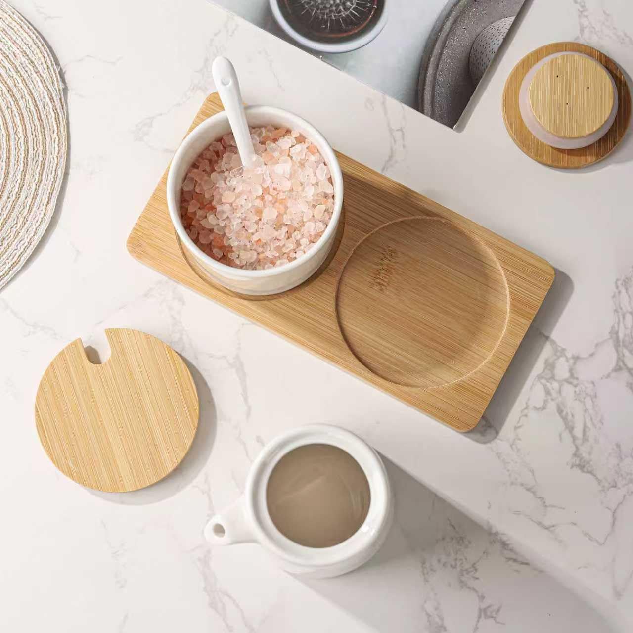 Ceramic Sugar and Creamer Set, 8oz Cream Bottle and Sugar Jars with Wooden Tray for Home Kitchen Coffee Bar