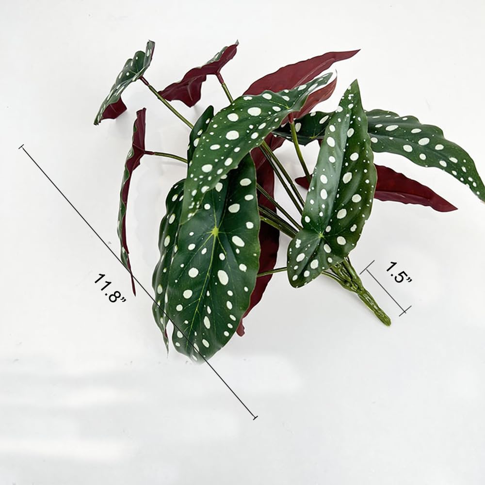 Shirfloral 2Pcs Begonia Maculata Artificial Plant 11.8In Fake Trout Begonia Faux Polka Dot Greenery Plant for Office Desk Indoor Outdoor Home Planter Decor