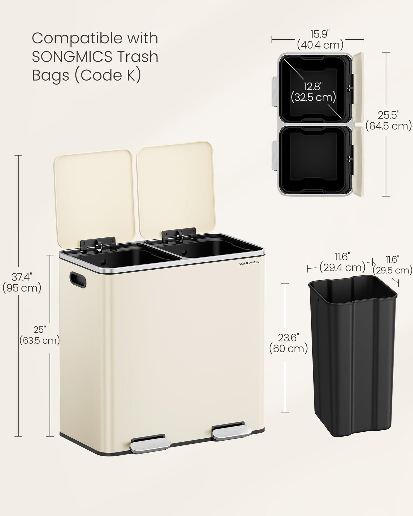 SONGMICS Trash Can, 2 x 10.6 Gallon (2 x 40 L) Garbage Can for Kitchen, with 15 Trash Bags, 2 Compartments, Plastic Inner Buckets and Hinged Lids, Airtight, Almond Color ULTB730A01V1