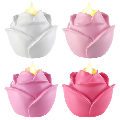 Bucherry 4 Pcs Rose Flameless Candle Light 3.5" LED Resin Pink Rose Flower Tealight Candle Battery Operated Rosebud Flickering Tea Light for Wedding Party Teacher Gifts Home Table Decor