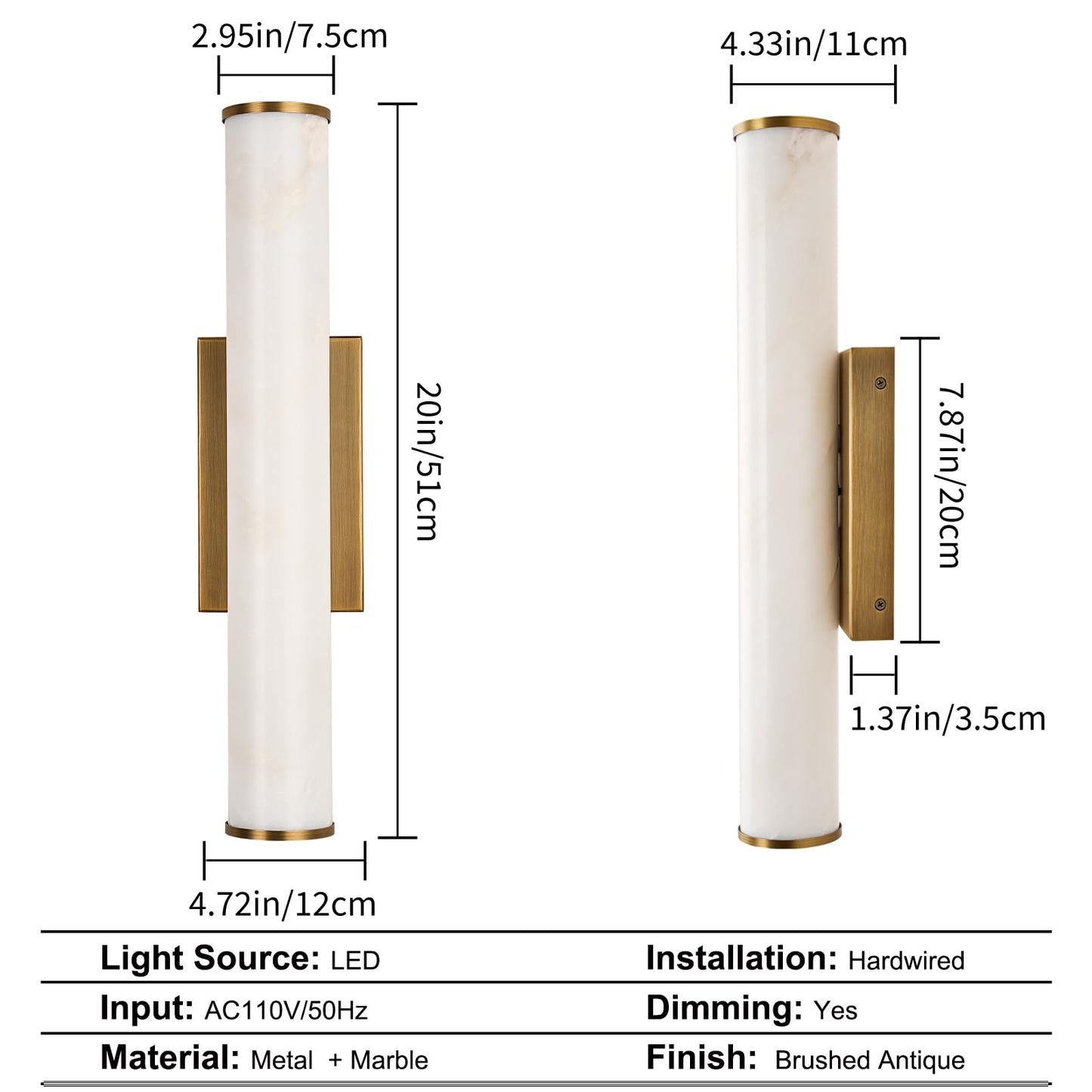 Alabaster Wall Sconces, 20" Brass Wall Sconce, Cylinder Natural Marble Sconces Wall Lighting, Modern Stepless Dimmable Sconces Lighting for Bathroom Living Room Bedroom Stairs Hallway