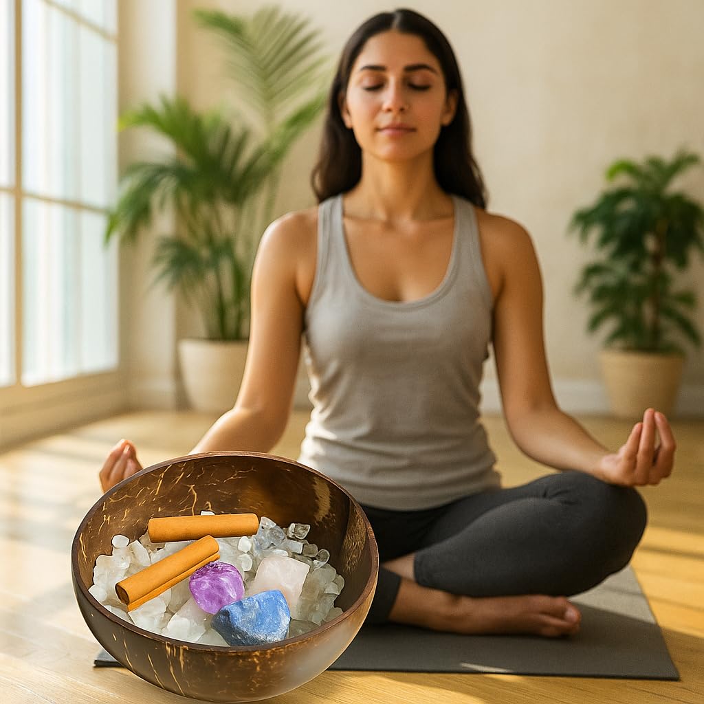 Crystal Cleansing Set with Coconut Bowl – Natural White Quartz Raw Stone, Crystal Chips & Cinnamon Sticks for Meditation, Energy Healing, and Spiritual Rituals