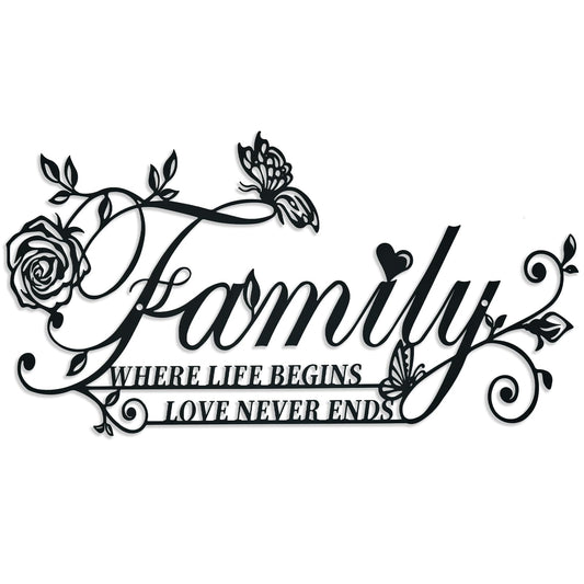 Family Where Life Begins Love Never Ends Word Sign Metal Wall Art Decor, Heavy-duty Iron Black Letters Quotes Sign Wall Sculptures Home Decor, Hanging Wall Art Decoration for Living Room Bedroom