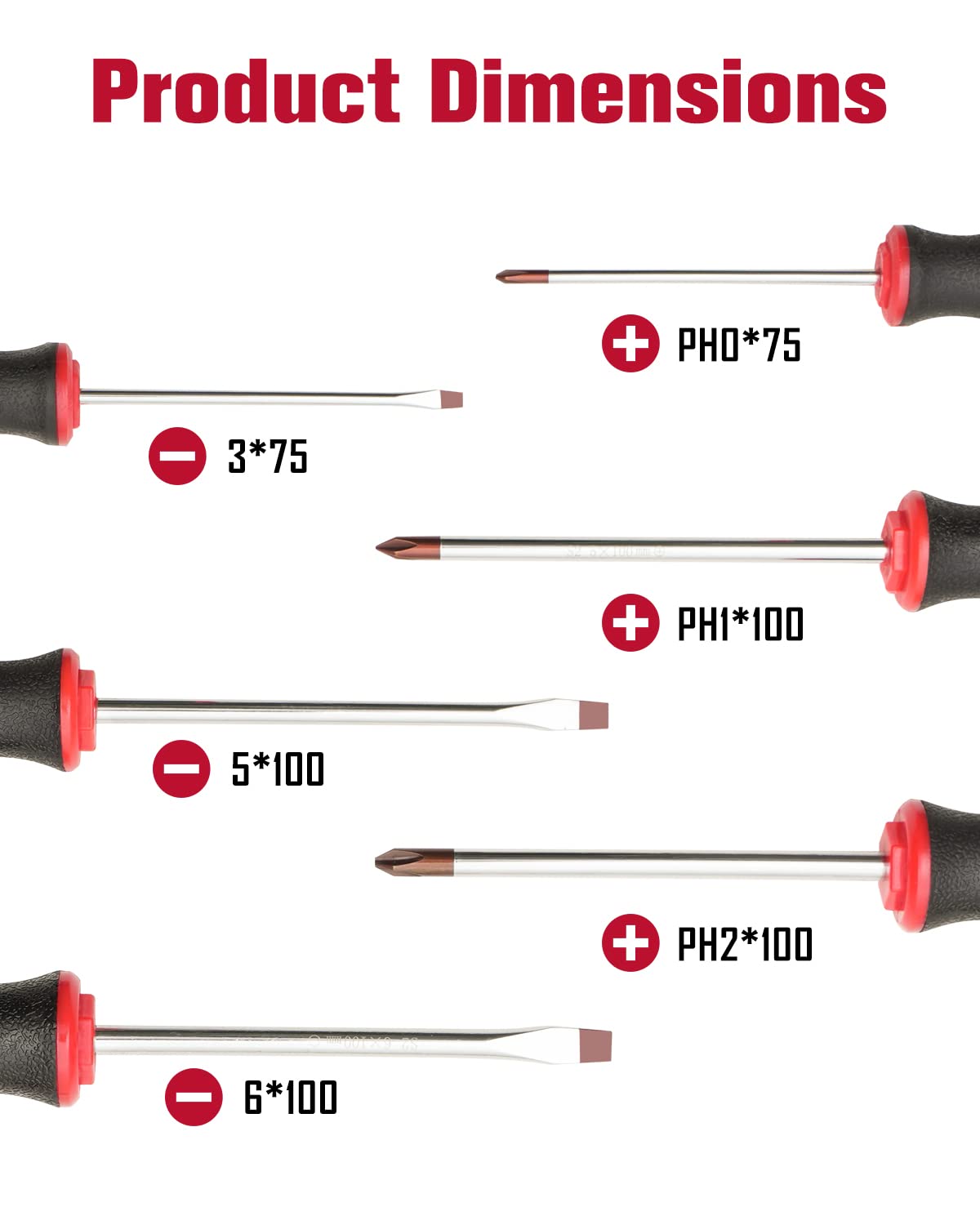 ROTATION 6 Piece Magnetic Tip Screwdriver Set 3 Phillips and 3 Flat Red Tip Red Glossy S2 Steel