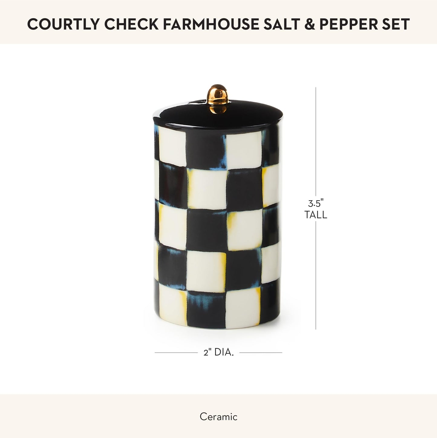 MACKENZIE-CHILDS Farmhouse Salt and Pepper Shaker Set, Ceramic Salt and Pepper Holders, Black-and-White Courtly Check