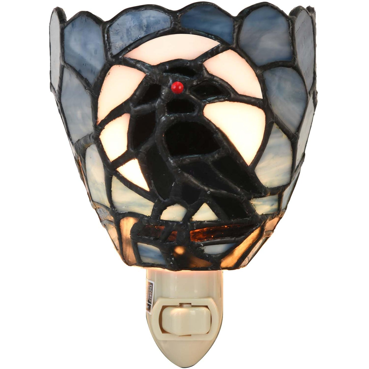 Bieye L12022 Tiffany Style Stained Glass Raven Plug-in Night Light Gothic Crow and Full Moon Design Bedside Wall Lamp