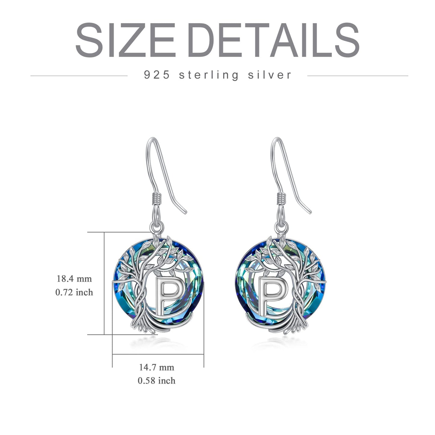 TOUPOP Tree of Life Initial Earrings Sterling Silver Initial P Letter Drop Dangle Earrings Blue Circle Crystal Family Tree Jewelry Birthday Mothers Day Gifts for Women Mom Her