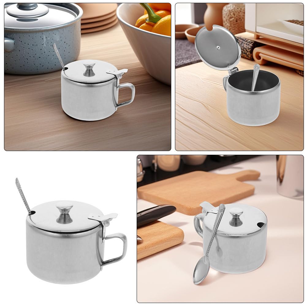 DEARMAMY Stainless Steel Sugar Bowl Set with Lid and Spoon 3-Piece Sugar Container for Kitchen Countertop Storage Holds Salt Pepper Spice 3.93 X 3.14 X 2.67 in