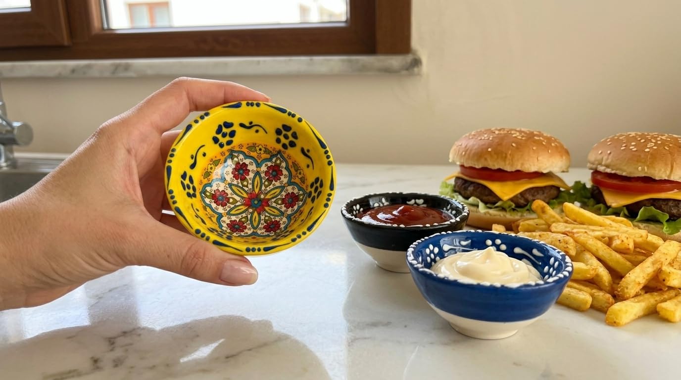 Ayennur Turkish Ceramic Pinch Bowls Set of 3 – Small Dipping Bowls for Charcuterie Boards, Appetizers, Snacks & Sauces -Handcrafted Turkish Bowl for Serving, Decor & Gifts (3.2”)