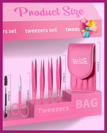 TsMADDTs 6 PCS Tweezers Set for Women, Eyebrow Tweezers with Curved Scissor for Ingrown Hair, Hair Plucking Daily Beauty Tools with Leather Travel Case