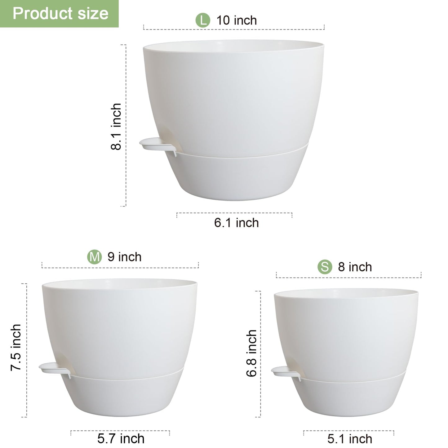 WSMKSZ 10/9/8 inch Medium Self Watering Pots, Plant Pots with Mesh Drainage Holes for Indoor Outdoor Garden Plants, Flower Pots with Removable Reservoir, Set of 3 Plastic Planters, White
