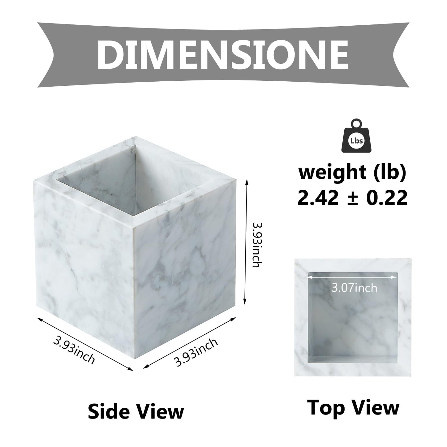 Real Luxurious Natural Marble Toothbrush Holder & Makeup Brush Organizer & Pen Holder for Desk,3.93inch Square Marble Utensil Holder Non-Ceramic/Non-Resin （White）