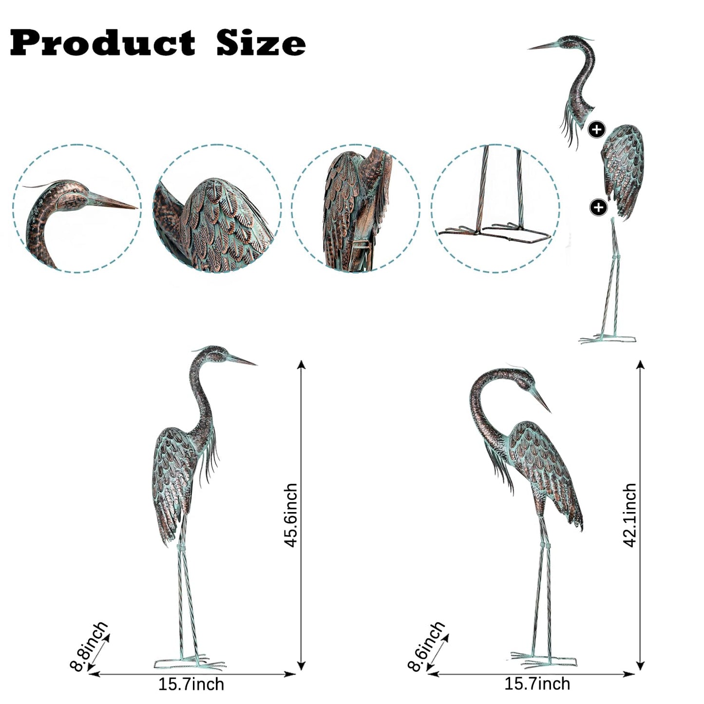 Kircust Garden Crane Statues, Standing Metal Patina Heron Decoy Outdoor Statue, 42-46 Inch Bird Yard Art for Patio Lawn Pond, Set of 2