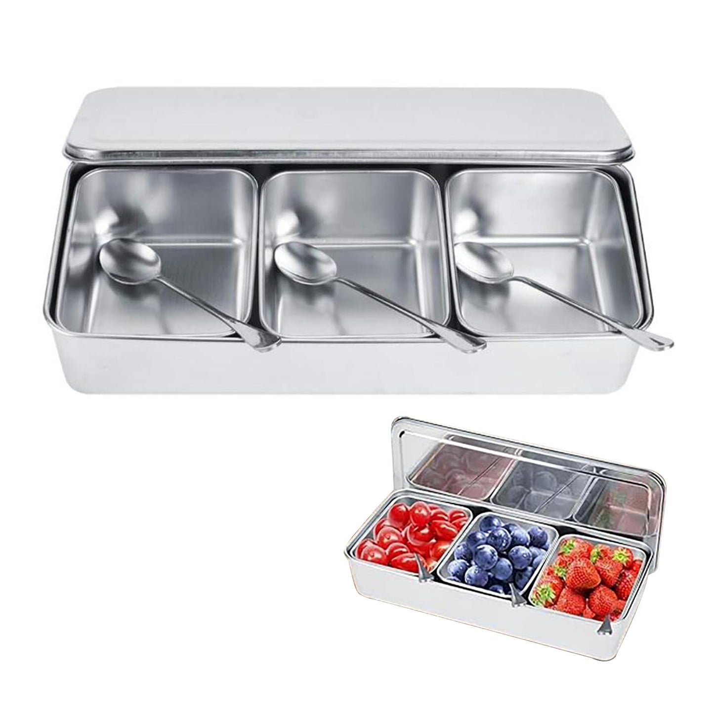 TOTITOM Seasoning Condiment Container, 3 Compartment 304 Stainless Steel Seasoning Organizer Box with Lids Spoons, for Snacks Flour Dry Goods Fruits Ingredient Kitchen Restaurant Pantry