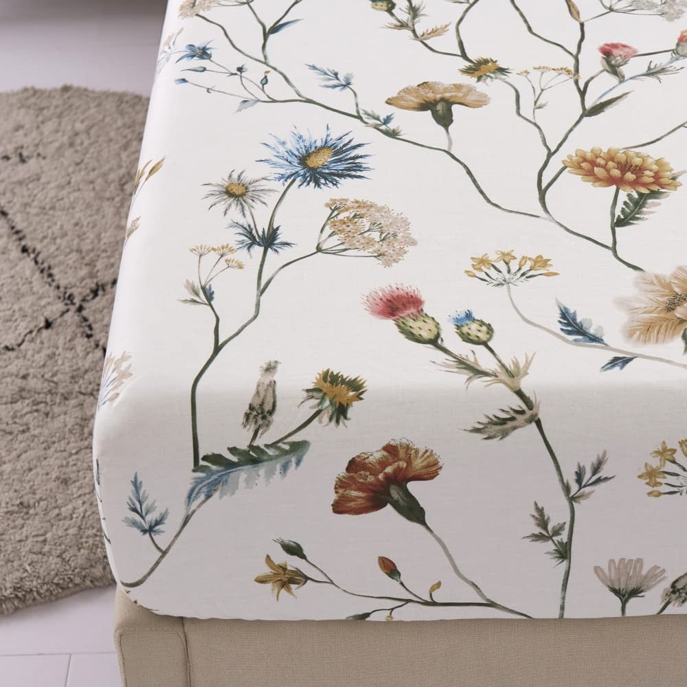 DAUAOTO 100% Cotton Bedding Printed Sheets Set for Full Size Bed Up to 14" Deep Mattress, Floral Botanical Pattern Bedlinen Sets