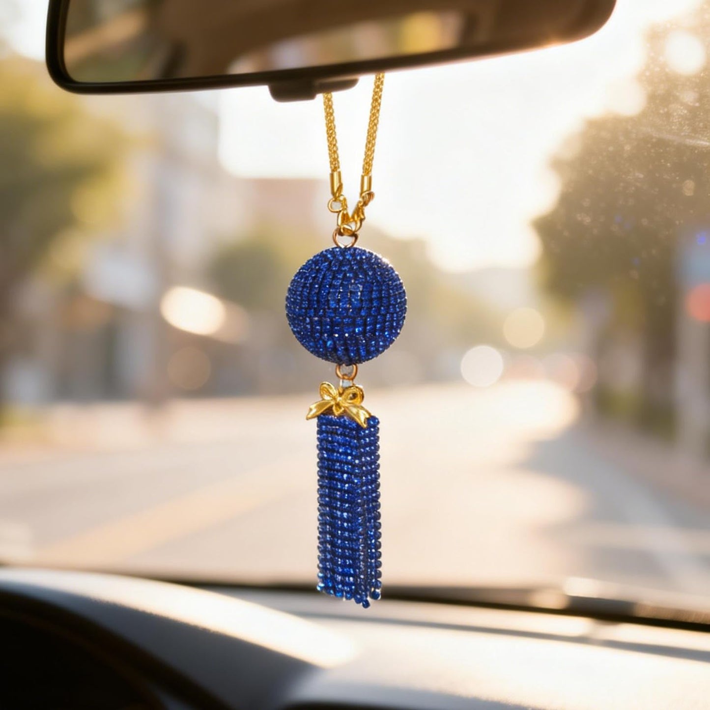 Bling Rear View Mirror Ornament for Women - Sparkling Crystal Ball with Rhinestone Tassel, Girly Cute Car Mirror Hanging Pendant Decor Accessories (Dark Blue)