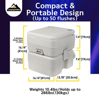 5.3 Gallon Portable Camping Toilet for Adults with Carry Bag – Extra Large Porta Potty for Adults Outdoors, RV, Boat | 286 LBS Capacity, 50 Flushes, Detachable Tanks, Carry Bag Included