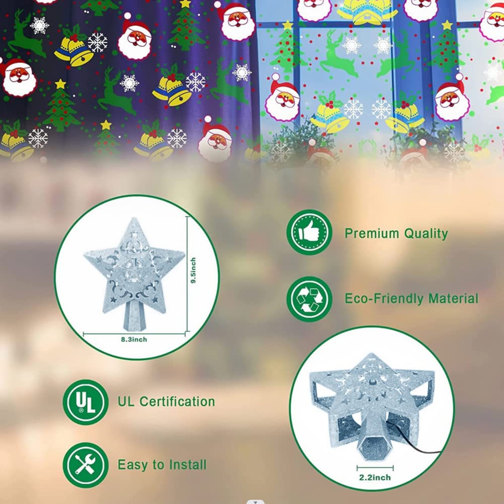 YUEWO Star Christmas Tree Topper Lighted with LED Rotating Snowflake Projector Lights, 3D Hollow Silver Star Snow Tree Topper for Christmas Tree Decorations