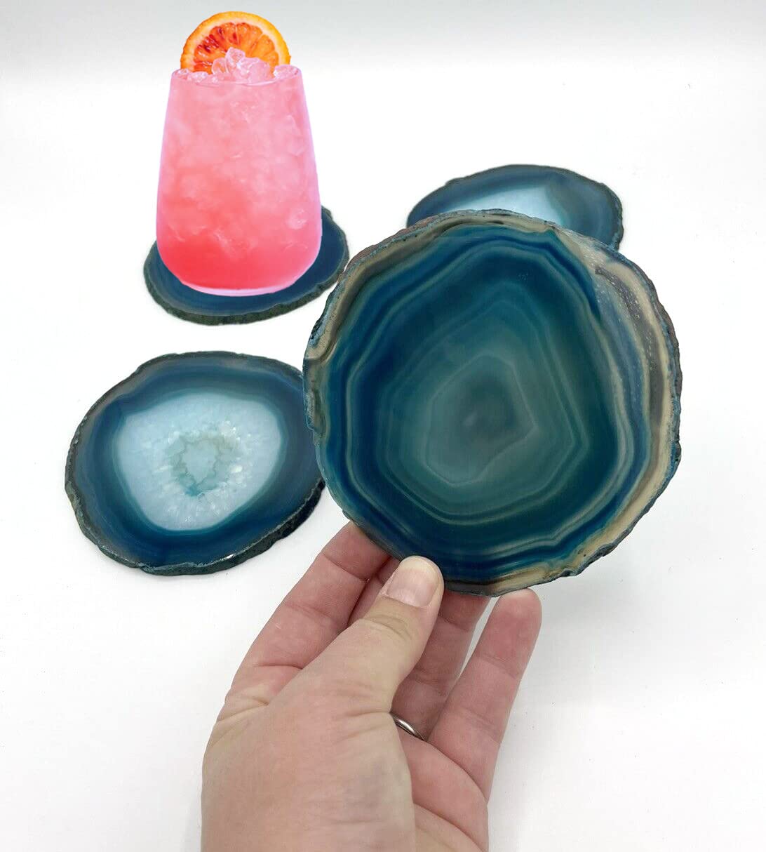 AMOYSTONE Teal Agate Coasters Set of 4, 3-3.5 Inch Handcrafted Slices, Lightweight Stone Coasters, for Teen Girl, College Dorm Room Decor