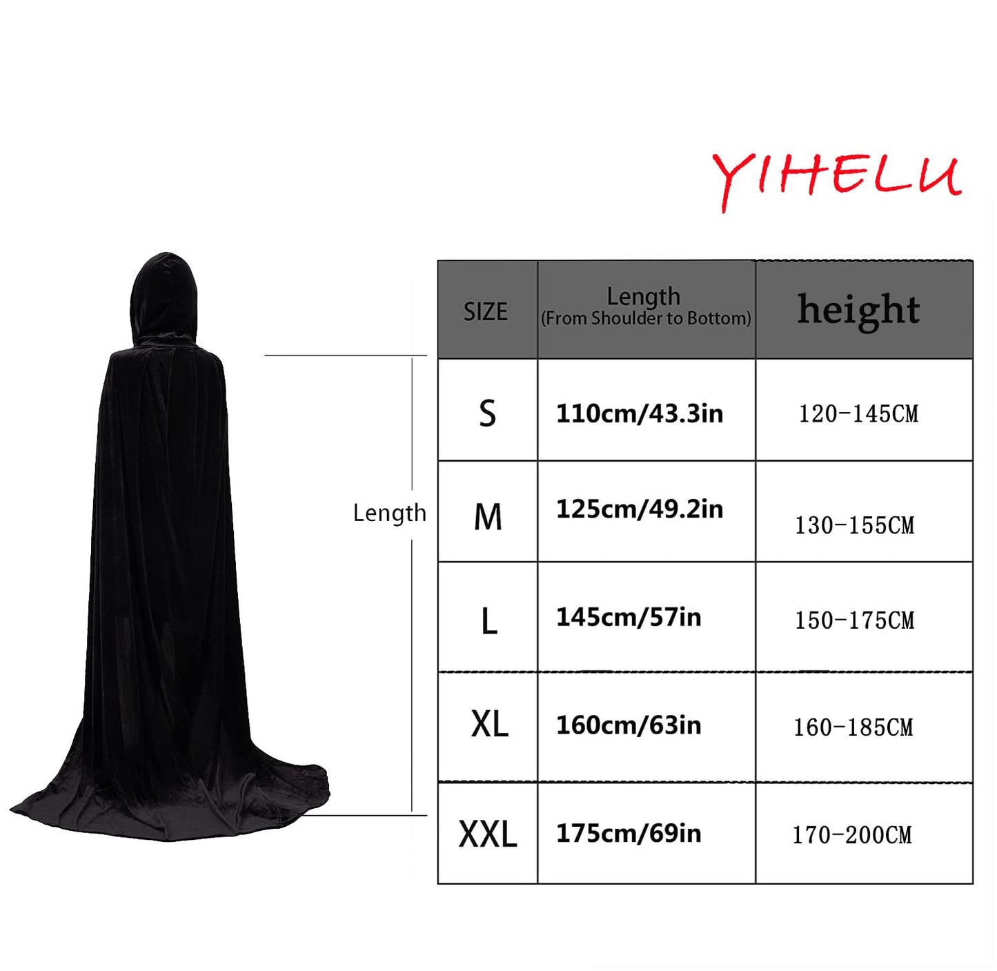 YIHELU Unisex Black Velvet Cape - Long Cloak for Adults & Kids, Halloween Witch Vampire Cosplay Masquerade Party (L, Black)