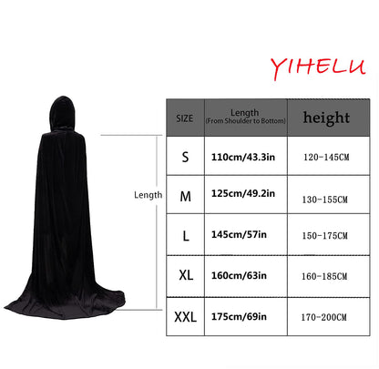 YIHELU Unisex Black Velvet Cape - Long Cloak for Adults & Kids, Halloween Witch Vampire Cosplay Masquerade Party (L, Black)