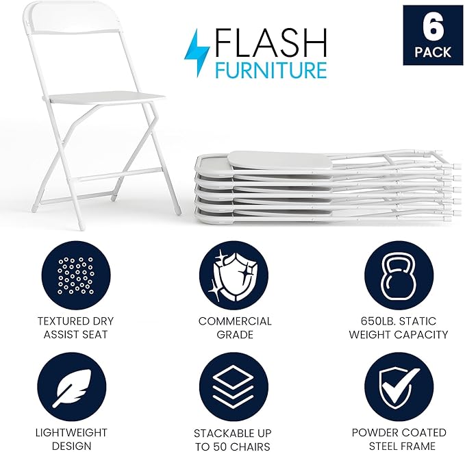Flash Furniture Hercules Series Plastic Folding Chairs for Parties and Weddings, Stackable Commercial Event Seats with 650-lb. Static Weight Capacity, Set of 6, White