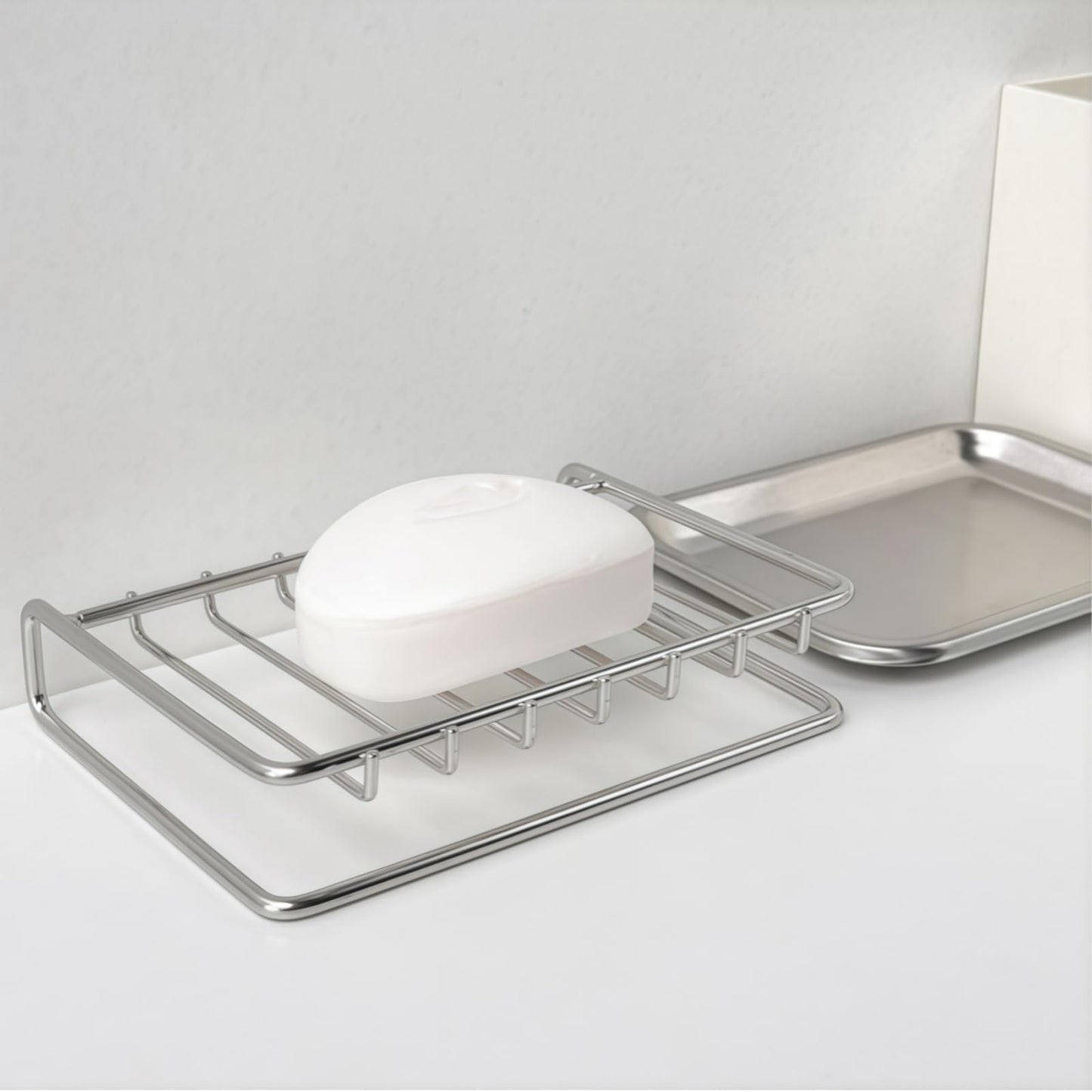 Double-Layer Stainless Steel Soap Dish with Self-Drainage Design, Anti-Slip and Raised Guardrail – Suitable for Bathroom, Bathtub, and Kitchen Sink (Soap Not Included, Soap Rack + Draining Tray)