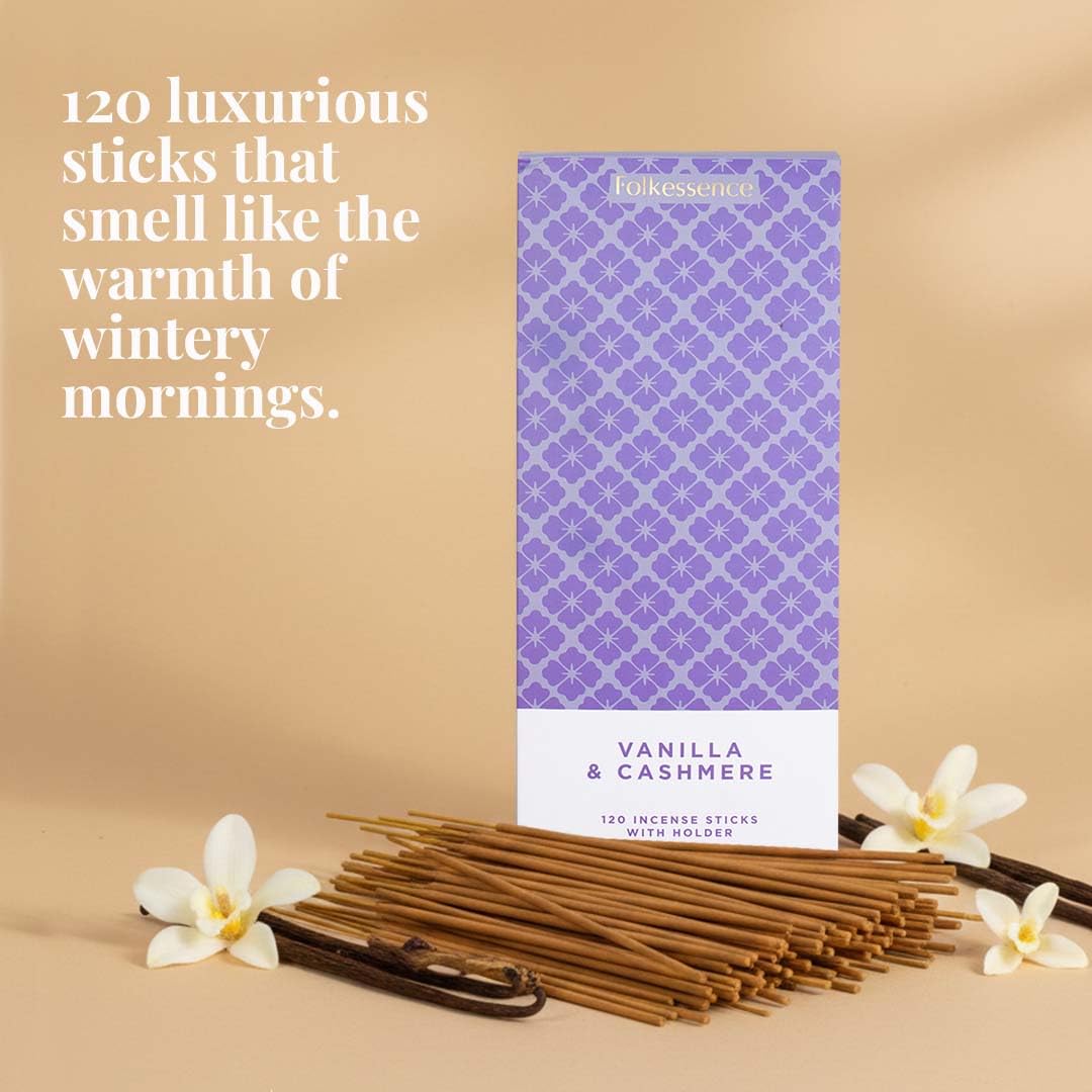 Folkulture Incense Sticks with Holder (120 Sticks)| Vanilla & Cashmere Cozy Insence-sticks For Aromatherapy, Home Fragrance |No Charcoal,Organic,Non Toxic, 45 Mins, Long Burning Luxury Inscents-sticks
