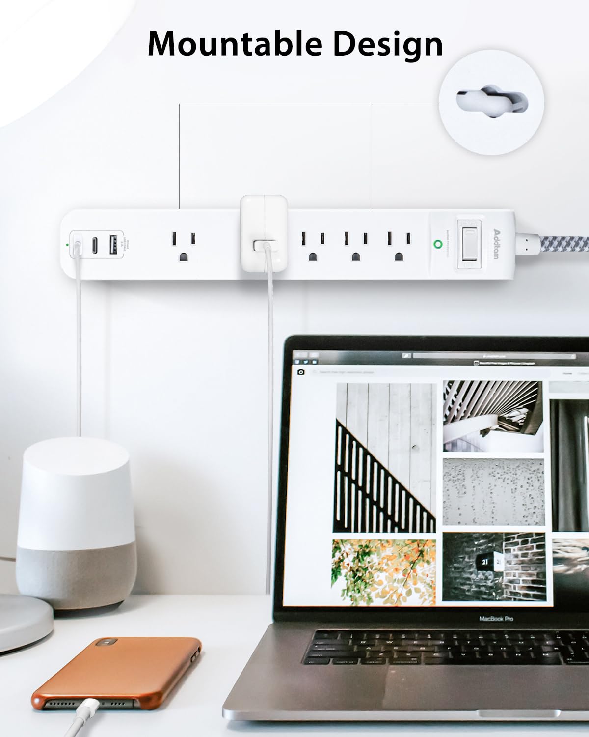 2 Pack Power Strip Surge Protector - 5 Widely Spaced Outlets 3 USB Charging Ports, 1875W/15A with 5Ft Braided Extension Cord, Flat Plug, Overload Surge Protection, Wall Mount for Home Office,White
