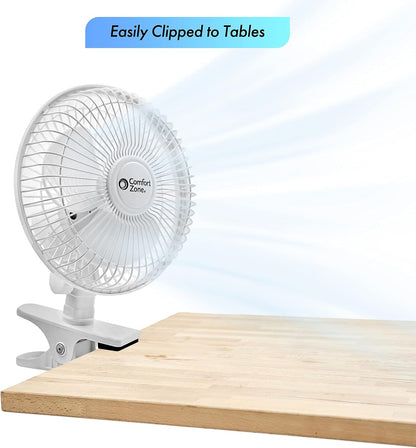 Comfort Zone Portable Clip on Fan, 6 inch Stroller Fan with Fully Adjustable Tilt, Quiet 2 Speed Bedside Fan, Mini Desk Fan, Table Fan, Easily Clip on to Desk, Stroller or Bedroom Nightstand, Black