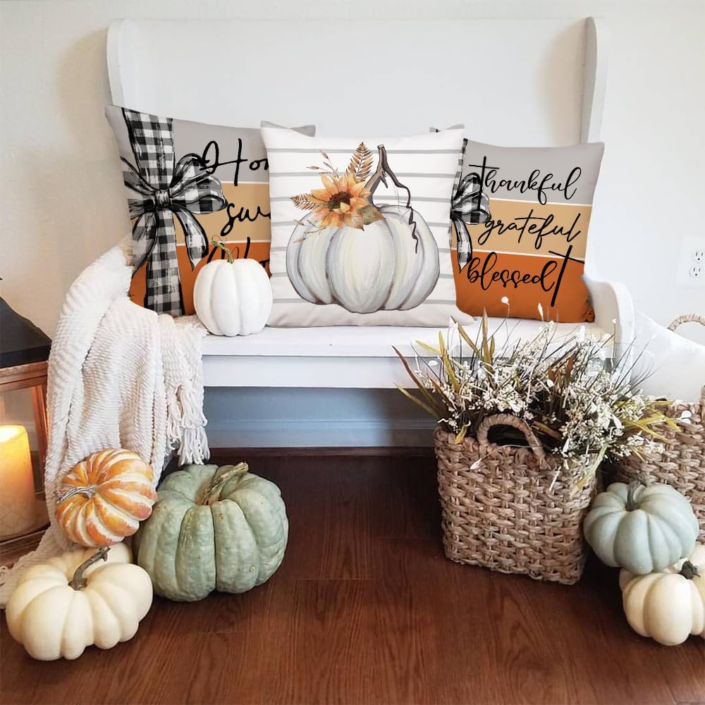 AACORS Fall Pillow Covers 18 x 18 Inch Set of 4, Pumpkin Home Sweet Home Thankful Grateful Blessed Harvest Floral Decorations Autumn Seasonal Pillow Case Decor for Sofa Couch AA557-18