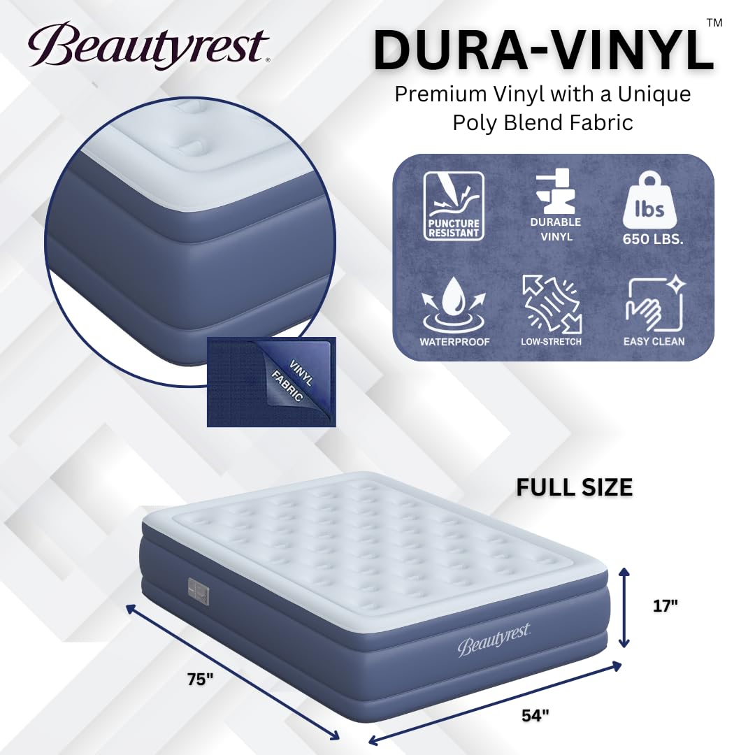 Beautyrest Supreme Air, Full Size Air Mattress with Built-in Pump, Raised Inflatable Bed for Adults, Puncture-Resistant Vinyl, Auto Shut-Off, 650lb Support, Guest Bed, Camping Airbed, 3-Year Warranty