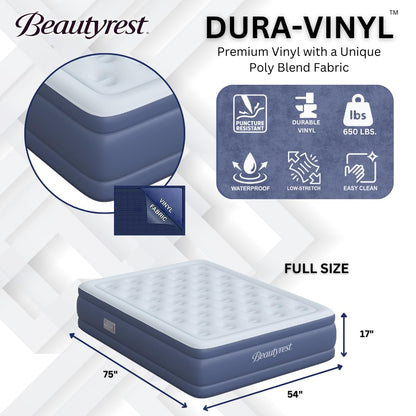 Beautyrest Supreme Air, Full Size Air Mattress with Built-in Pump, Raised Inflatable Bed for Adults, Puncture-Resistant Vinyl, Auto Shut-Off, 650lb Support, Guest Bed, Camping Airbed, 3-Year Warranty