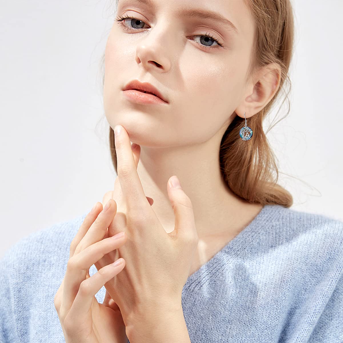 TOUPOP Tree of Life Initial Earrings Sterling Silver Initial A Letter Drop Dangle Earrings Blue Circle Crystal Family Tree Jewelry Birthday Mothers Day Gifts for Women Mom Her