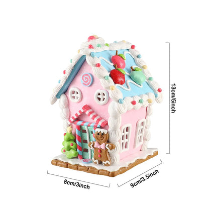 Christmas Pastel Gingerbread House Ornaments Decorations,Soft Clay Pastel Pink Small Candy House Christmas Ornaments with Light for Christmas Tree Hanging Pendants Xmas Tabletop Decoration