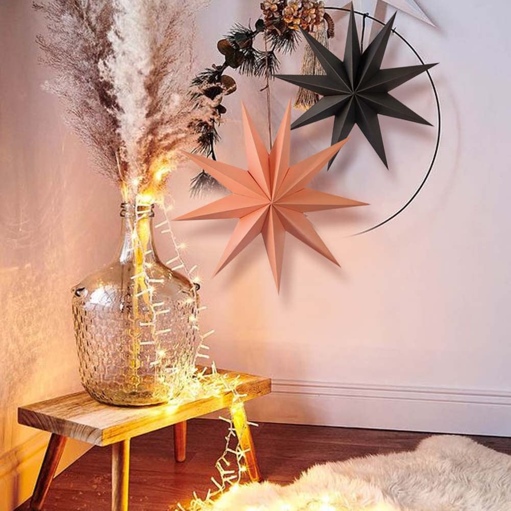 3 Pieces Paper Star Lanterns - 9-Pointed 12inch Pendant Hanging Lampshade Decorations for Wedding Birthday Party, Pink