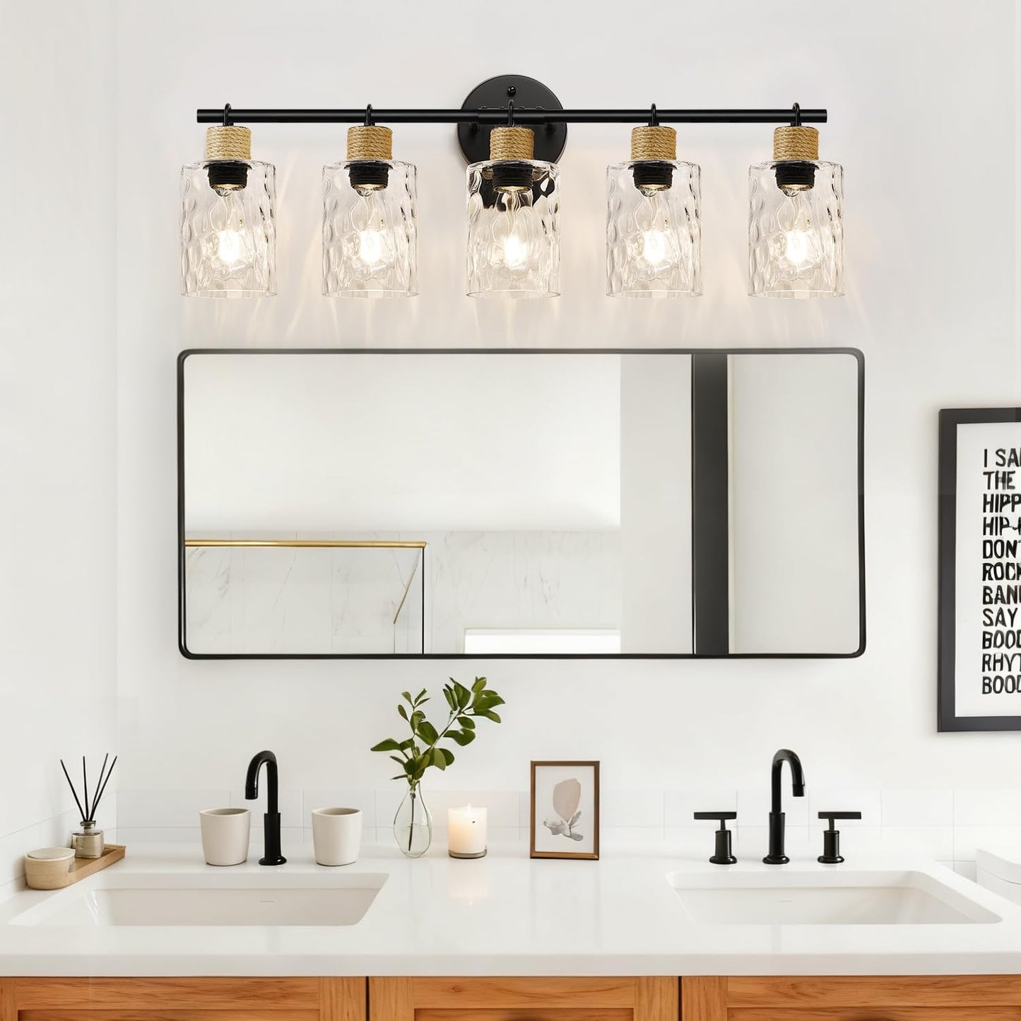 MOKATNG Bathroom Light Fixtures, 5-Light Coastal Vanity Lights with Crystal Glass Shade, Black Bathroom Wall Lamp for Mirror Kitchen Hallway Cabinet