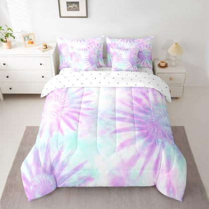 Erosebridal Tie Dye Queen Comforter Set, Purple 7-Piece Bed in A Bag, Setspiral Swirl Vortex Sheets and Pillowcases, Gypsy Girly Style Bed Sets