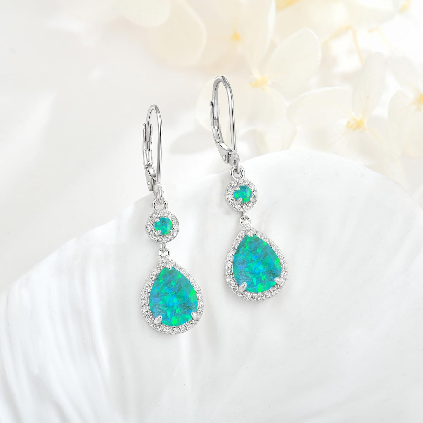 FYNSBLE Green Opal Earrings for Women Sterling Silver Dangle Drop Leverback Earrings Hypoallergenic Jewelry for Women