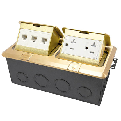 ENERLITES Dual Pop-Up Floor Box Kit, 8.68" X 4.75" Cover, 20A Tamper-Weather Resistant Receptacle Outlets, RJ45 Data Ports, Watertight Gasket, Corrosive Resistant Hardware, Brass (962301-C-D)