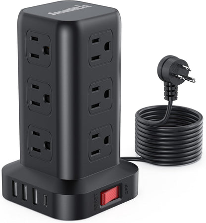Extension Cord with Multiple Outlets, Surge Protector Power Strip Tower, 12 AC 4 USB，Surge Protector Tower 6.5FT Overload Protection for Home Office