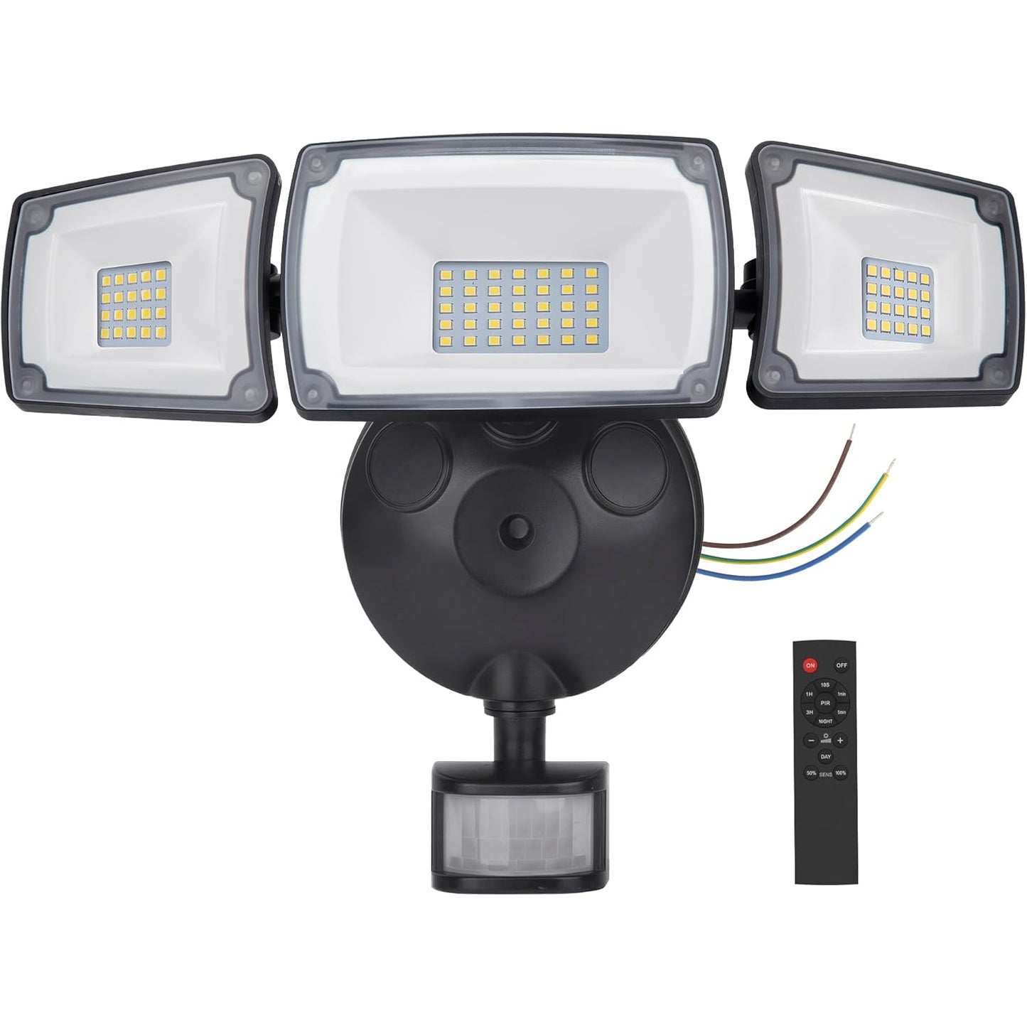TONGLIN Security Light Outdoor, 4200LM 75LED Wiring Motion Sensor Lights, 42W 3-Head Angel Adjustable Flood Light with Remote Control, IP66 Waterproof Garden Light for Porch Patio Driveway Pathway