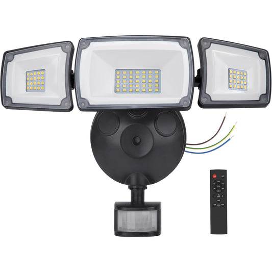 TONGLIN Security Light Outdoor, 4200LM 75LED Wiring Motion Sensor Lights, 42W 3-Head Angel Adjustable Flood Light with Remote Control, IP66 Waterproof Garden Light for Porch Patio Driveway Pathway