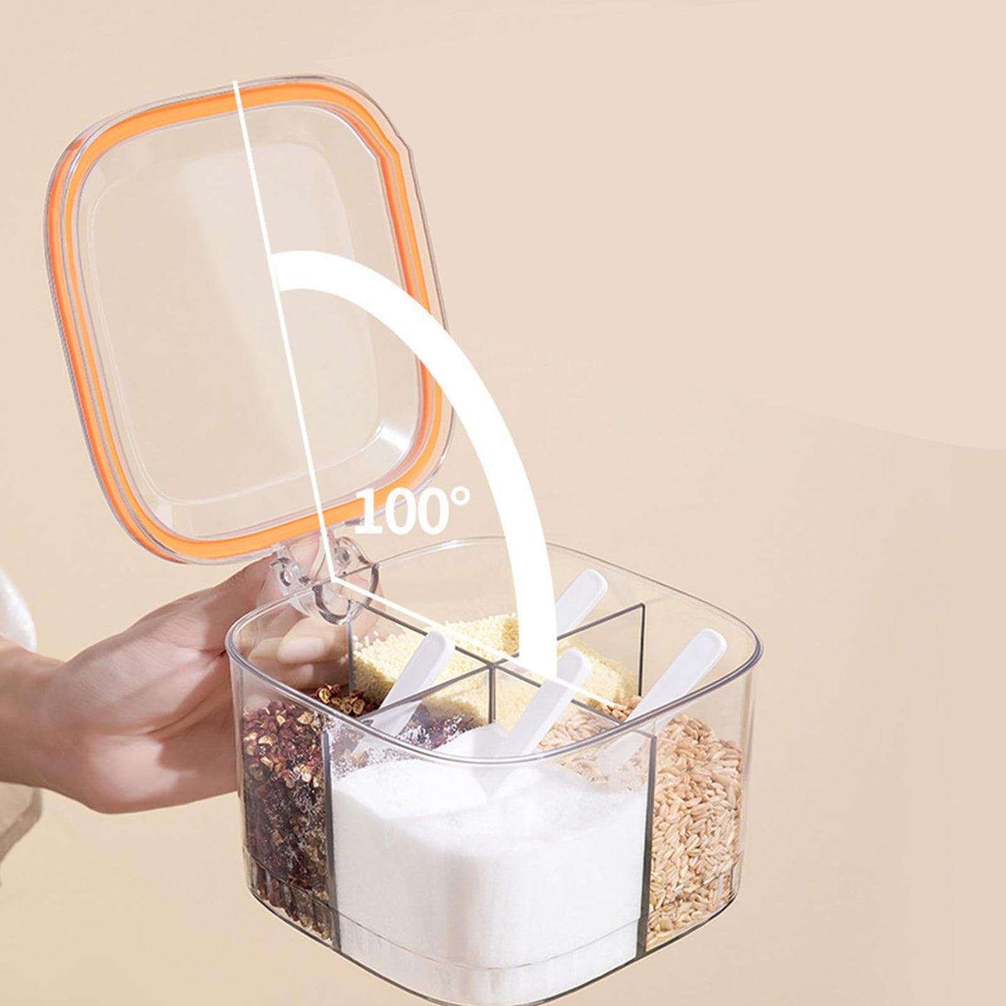 4 Compartments Seasoning Box with Cover and 4 Serving Spoons, Transparent Pot Clear Seasoning Storage Box Container Kitchen Condiment Jars for Kitchen Salt Sugar