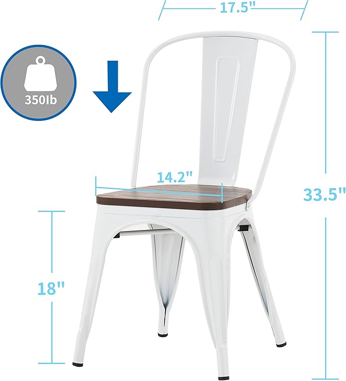 Nazhura Metal Dining Chair Farmhouse Tolix Style for Kitchen Dining Room Café Restaurant Bistro Patio, 18 Inch, Stackable, Waterproof Indoor/Outdoor (Sets of 4) (White with Wood Padding)