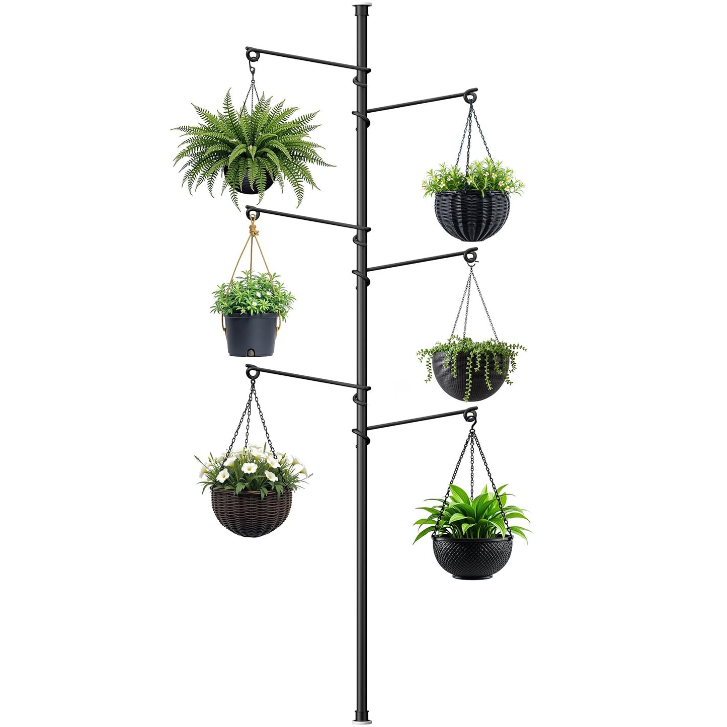 Zononoca Tension Rod Plant Stand, Plant Poles for Hanging Plants Indoor, Metal Floor to Ceiling Hanging Plants Stand, Tension Pole Plant Stand with 6 Hooks (Fit 3.6-10ft)